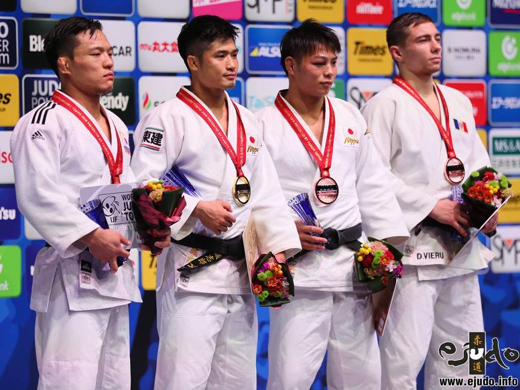 東京世界柔道選手権2019男子66kg級メダリスト。左から2位のキム・リマン、優勝の丸山城志郎、第3位の阿部一二三とデニス・ヴィエル