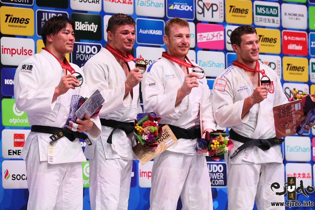 東京世界柔道選手権2019、90kg級メダリスト。左から2位の向翔一郎、優勝のノエル・ファンテンド、3位のアクセル・クレルジェとネマニャ・マイドフ。