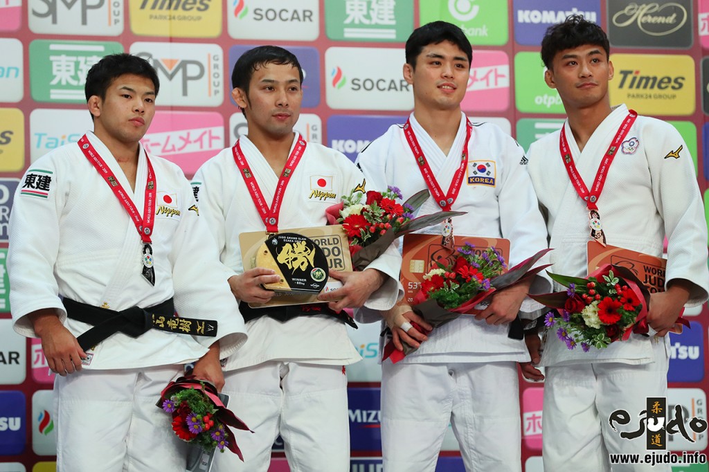 60kg級メダリスト。左から2位の永山竜樹、優勝の髙藤直寿、3位のキム・ウォンジンとヤン・ユンウェイ