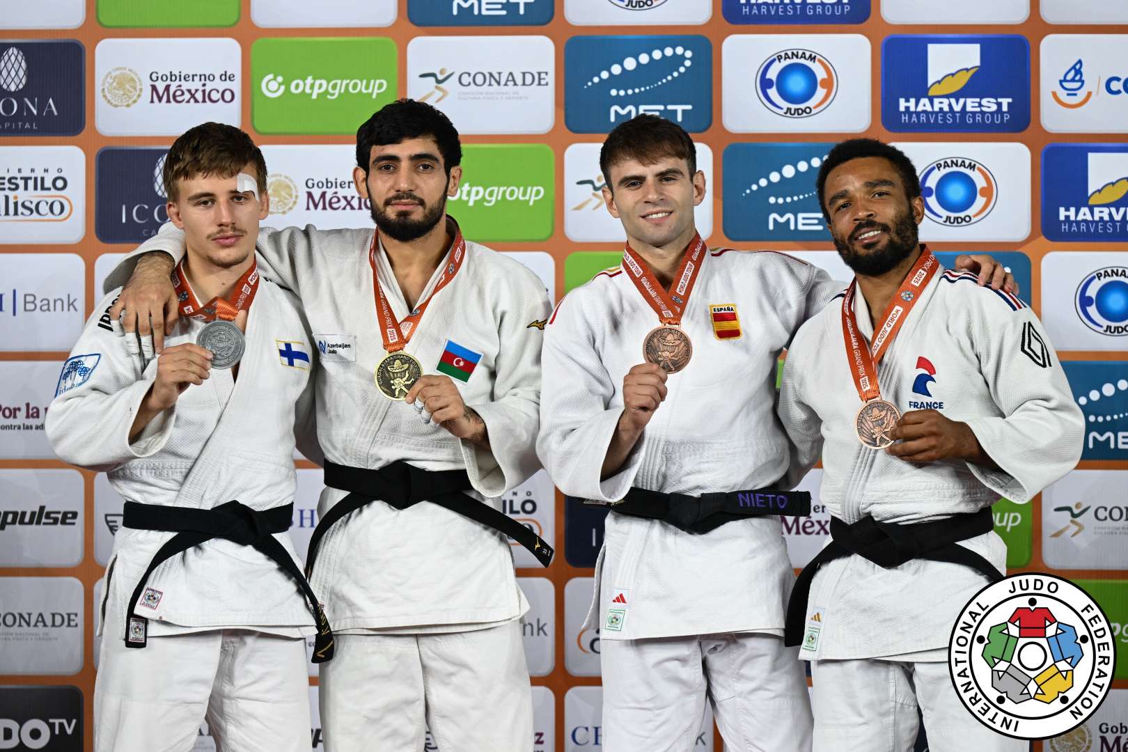 -66kg Medalists. From left, SAHA, Luukas, PASHAYEV, Ruslan, NIETO CHINARRO, Adrian, BOUBA, Daikii.