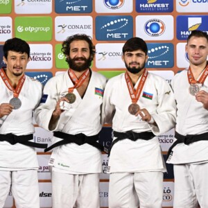 -73kg Medalists. From left, KARIMOV, Chusniddin, HEYDAROV, Hidayat, MAMMADALIYEV, Rashid, HOJAK, Martin.