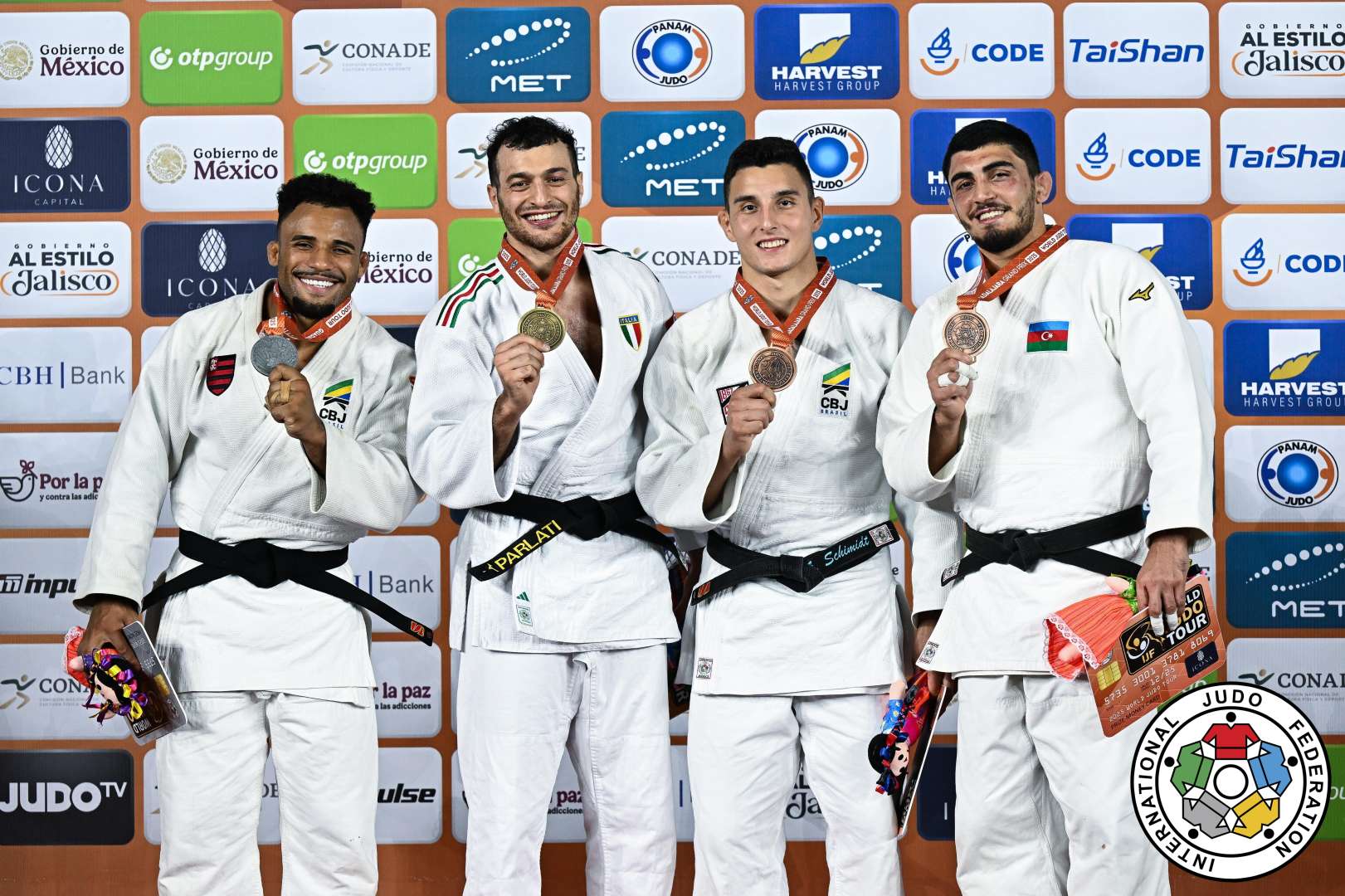 -90kg Medalists. From left, FRONCKOWIAK, Marcelo, PARLATI, Christian, SCHIMIDT, Guilherme, FATIYEV, Murad.