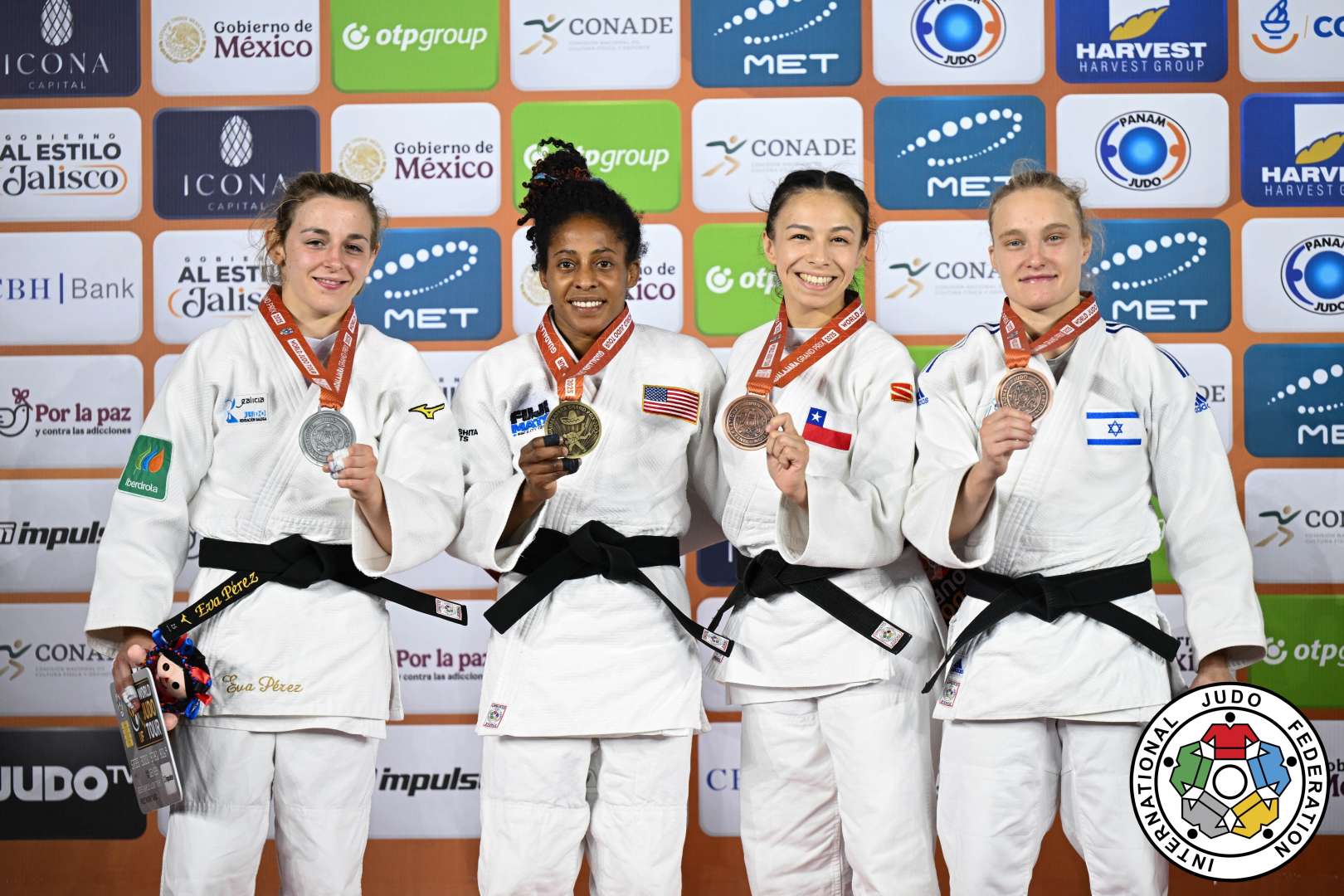-48kg Medalists. From left, PEREZ SOLER, Eva, LABORDE, Maria Celia, VARGAS LEY, Mary Dee, MALCA, Tamar.
