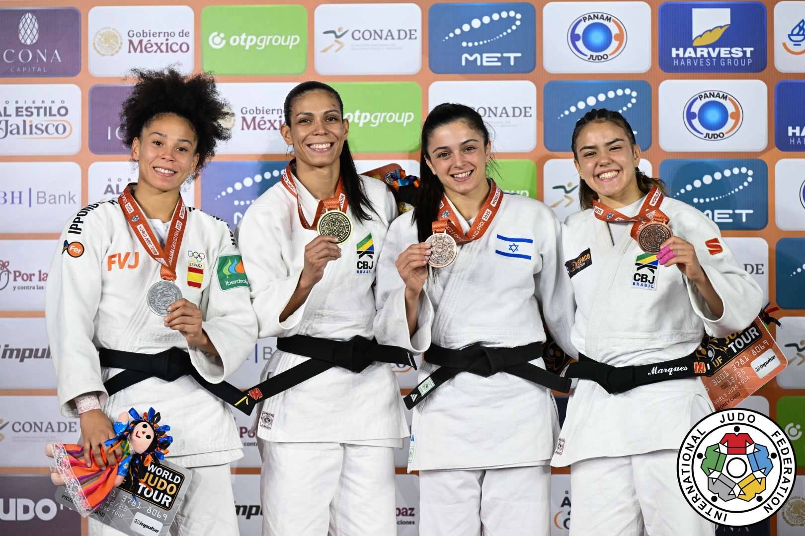 -52kg Medalists. From left, LEIVA SANCHEZ, Ayumi, PEREIRA, Jessica, PRIMO, Gefen, MARQUES, Nicole.