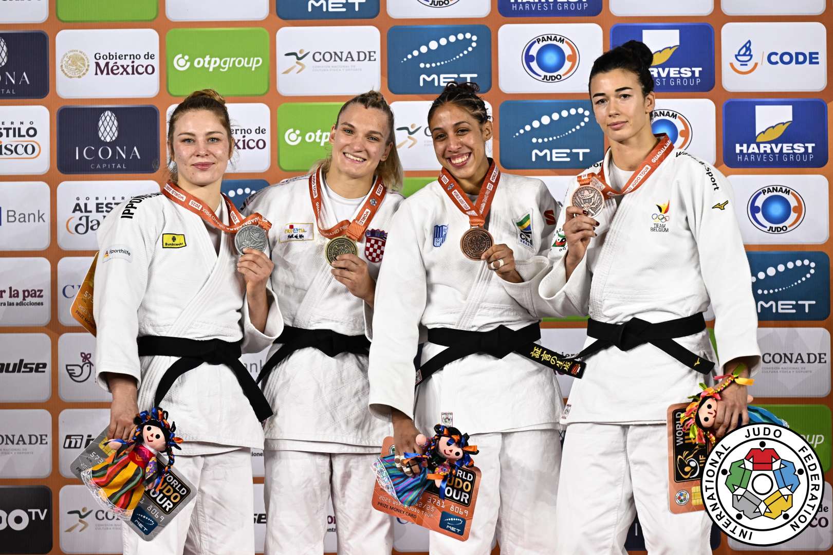 -70kg Medalists. From left, POHL, Dena, CVJETKO, Lara, CARDOSO, Kaillany, WILLEMS, Gabriella.