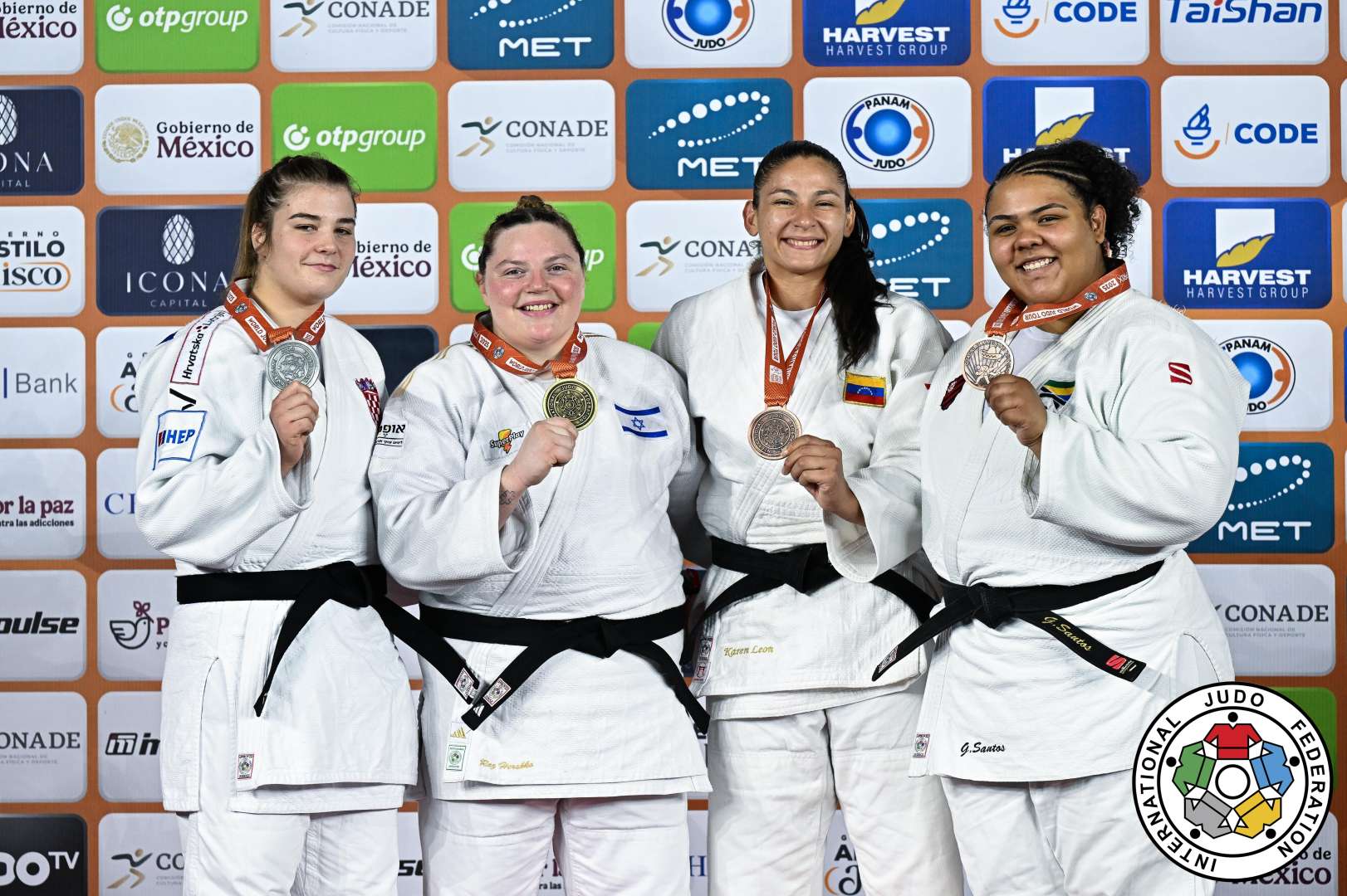 +78kg Medalists. From left, VUKOVIC, Helena, HERSHKO, Raz, LEON, Karen, SANTOS, Giovanna.