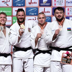 +100kg Medalists. From left, BUZACARINI, Rafael, KRPALEK, Lukas, BALYEVSKYY, Yevheniy, NASIBOV, Kanan.