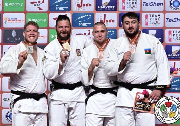 +100kg Medalists. From left, BUZACARINI, Rafael, KRPALEK, Lukas, BALYEVSKYY, Yevheniy, NASIBOV, Kanan.