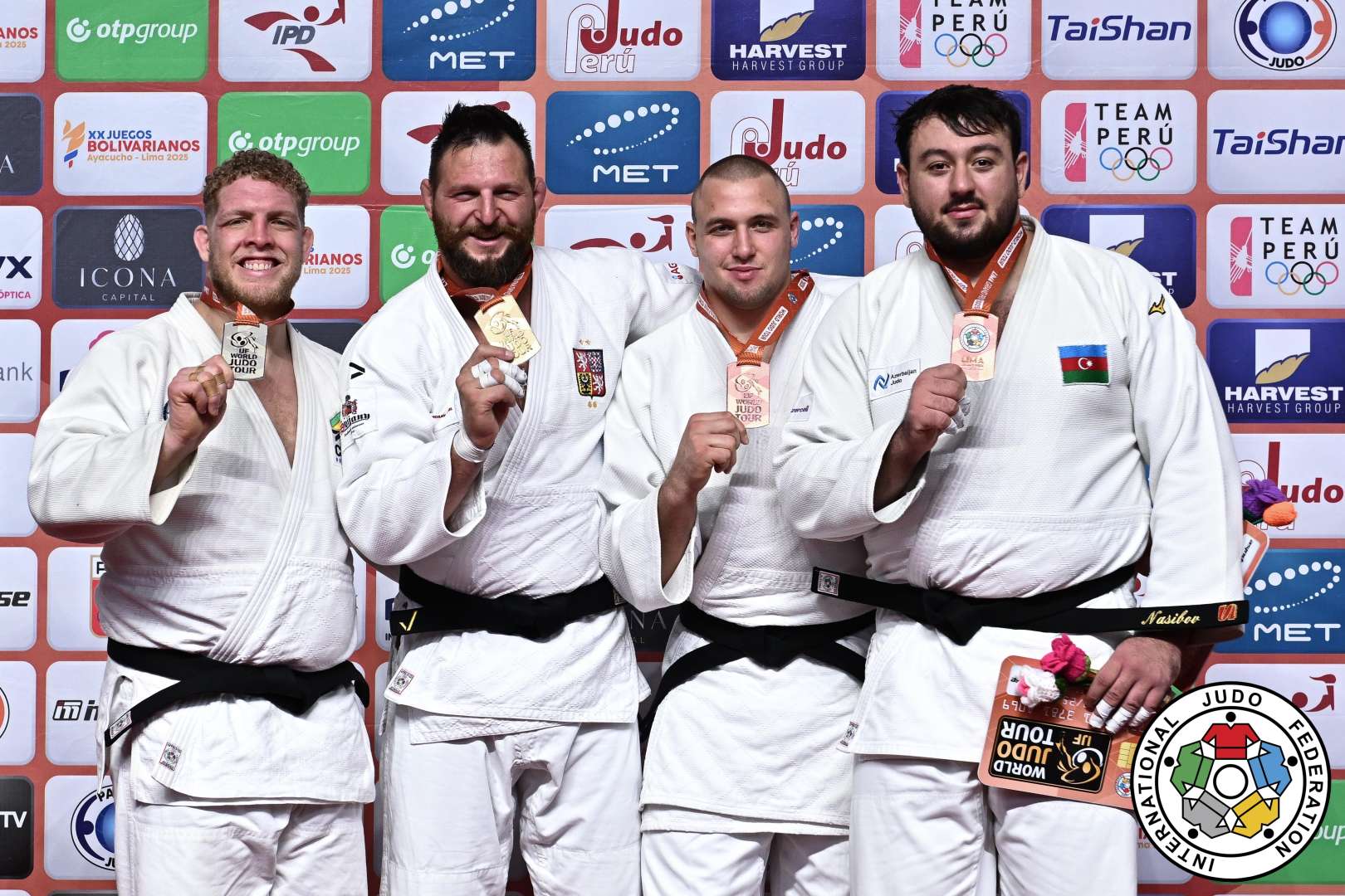 +100kg Medalists. From left, BUZACARINI, Rafael, KRPALEK, Lukas, BALYEVSKYY, Yevheniy, NASIBOV, Kanan.