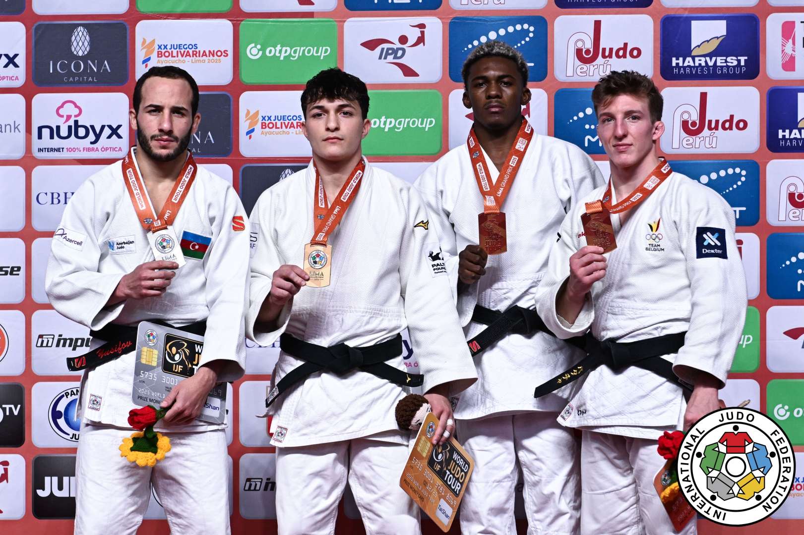 -60kg Medalists. From left, YUSIFOV, Ahmad, ASHPIZ, Izhak, BENAVIDES, Jhonathan, VERSTRAETEN, Jorre.