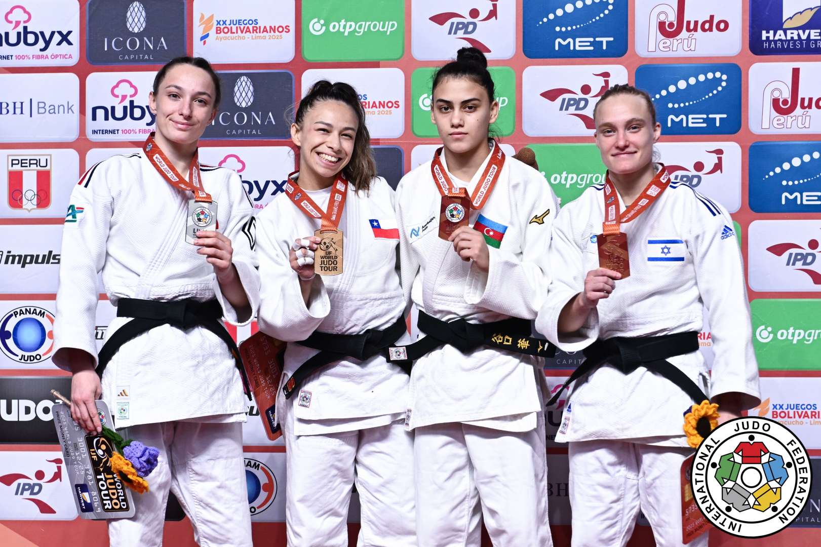 -48kg Medalists. From left, GILLY, Coralie, VARGAS LEY, Mary Dee, ALIYEVA, Konul, MALCA, Tamar.