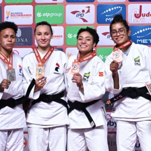 -57kg Medalists. From left, BUCHARD, Amandine, MOKDAR, Faiza, NASCIMENTO, Shirlen, LIMA, Jessica.