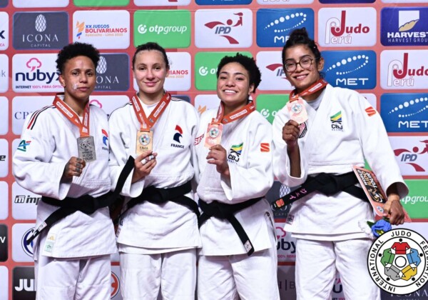 -57kg Medalists. From left, BUCHARD, Amandine, MOKDAR, Faiza, NASCIMENTO, Shirlen, LIMA, Jessica.