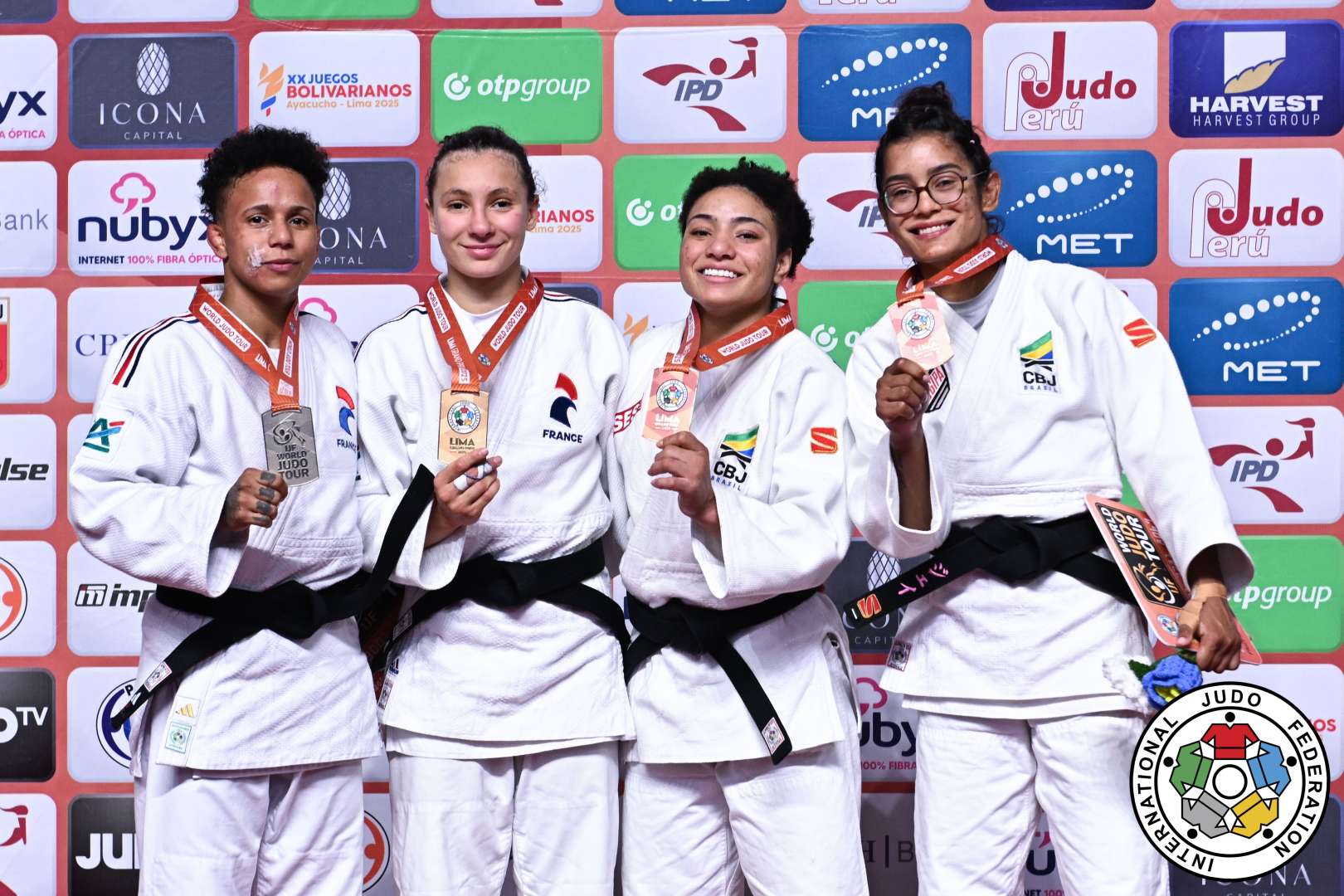 -57kg Medalists. From left, BUCHARD, Amandine, MOKDAR, Faiza, NASCIMENTO, Shirlen, LIMA, Jessica.