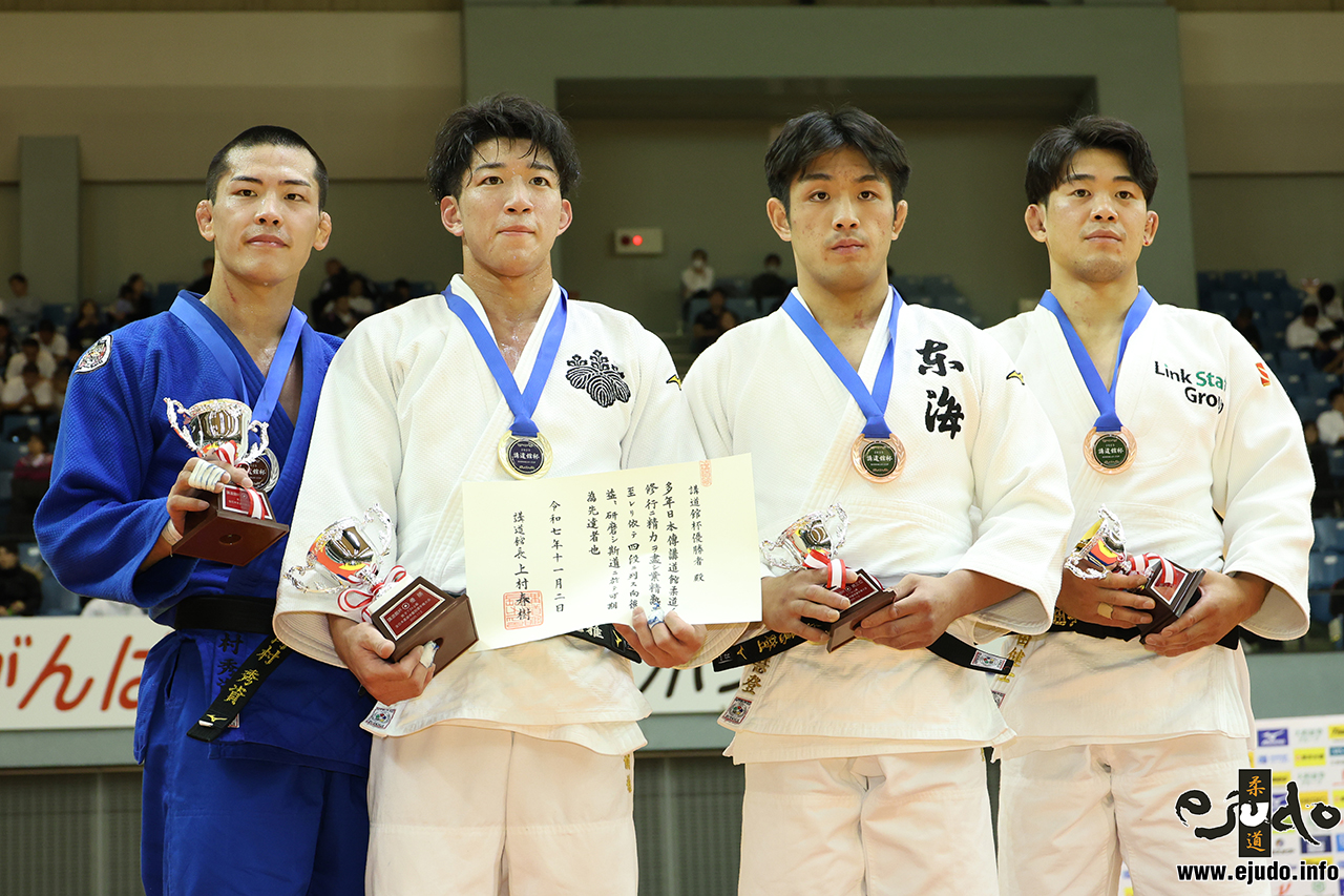 -73kg Medalists. From left, UCHIMURA, Shusuke, TANAKA, Ryuga, KIHARA, Keito, HARADA, Kenshi.
