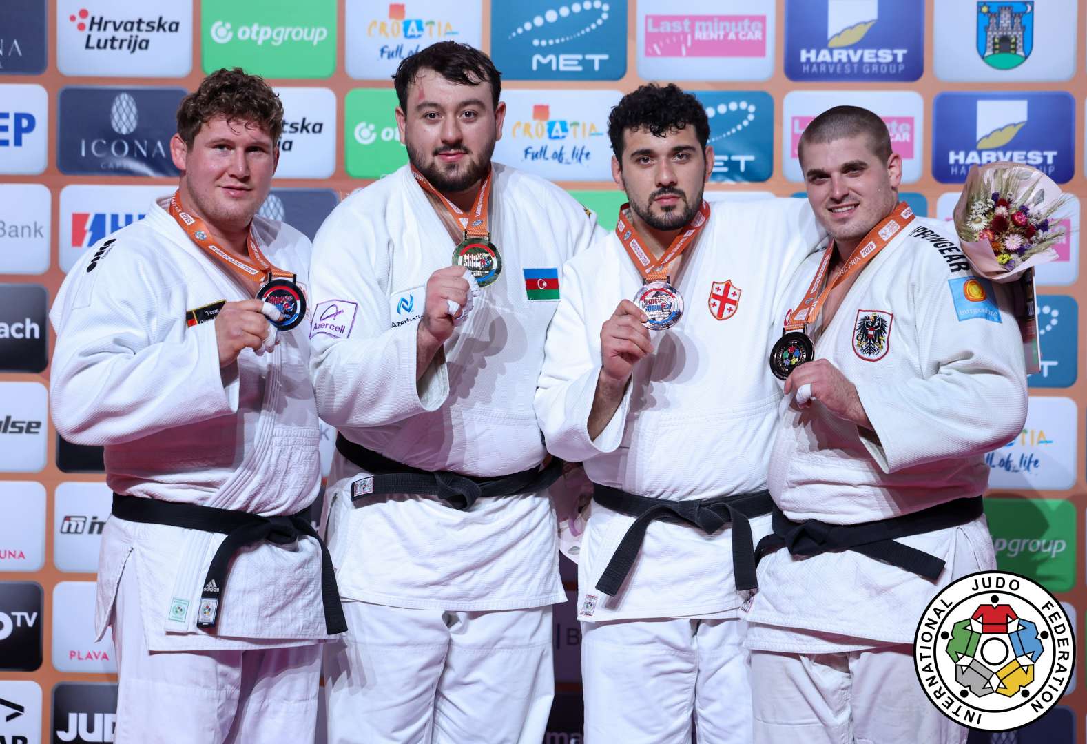 +100kg Medalists. From left, SPIJKERS, Jur, NASIBOV, Kanan, INANEISHVILI, Saba, HEGYI, Stephan.