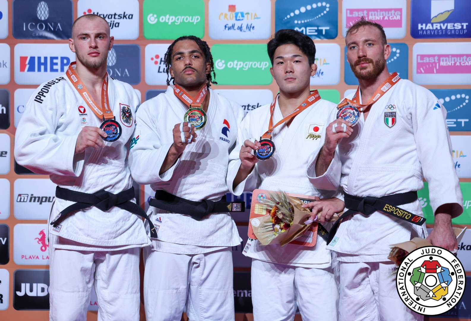 -81kg Medalists. From left, FASCHING, Bernd, AREGBA, Arnaud, IZAWA, Naoto, ESPOSITO, Antonio.