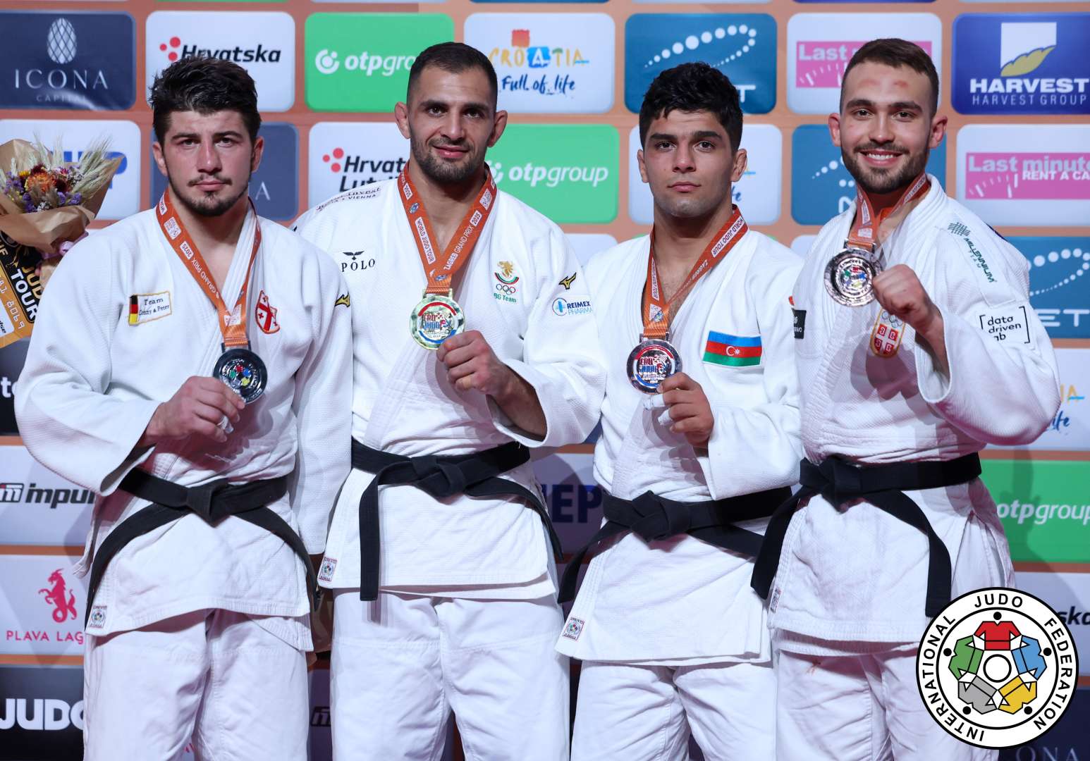-90kg Medalists. From left, MAISURADZE, Luka, IVANOV, Ivaylo, TALIBOV, Vugar, RADULJ, Miljan.