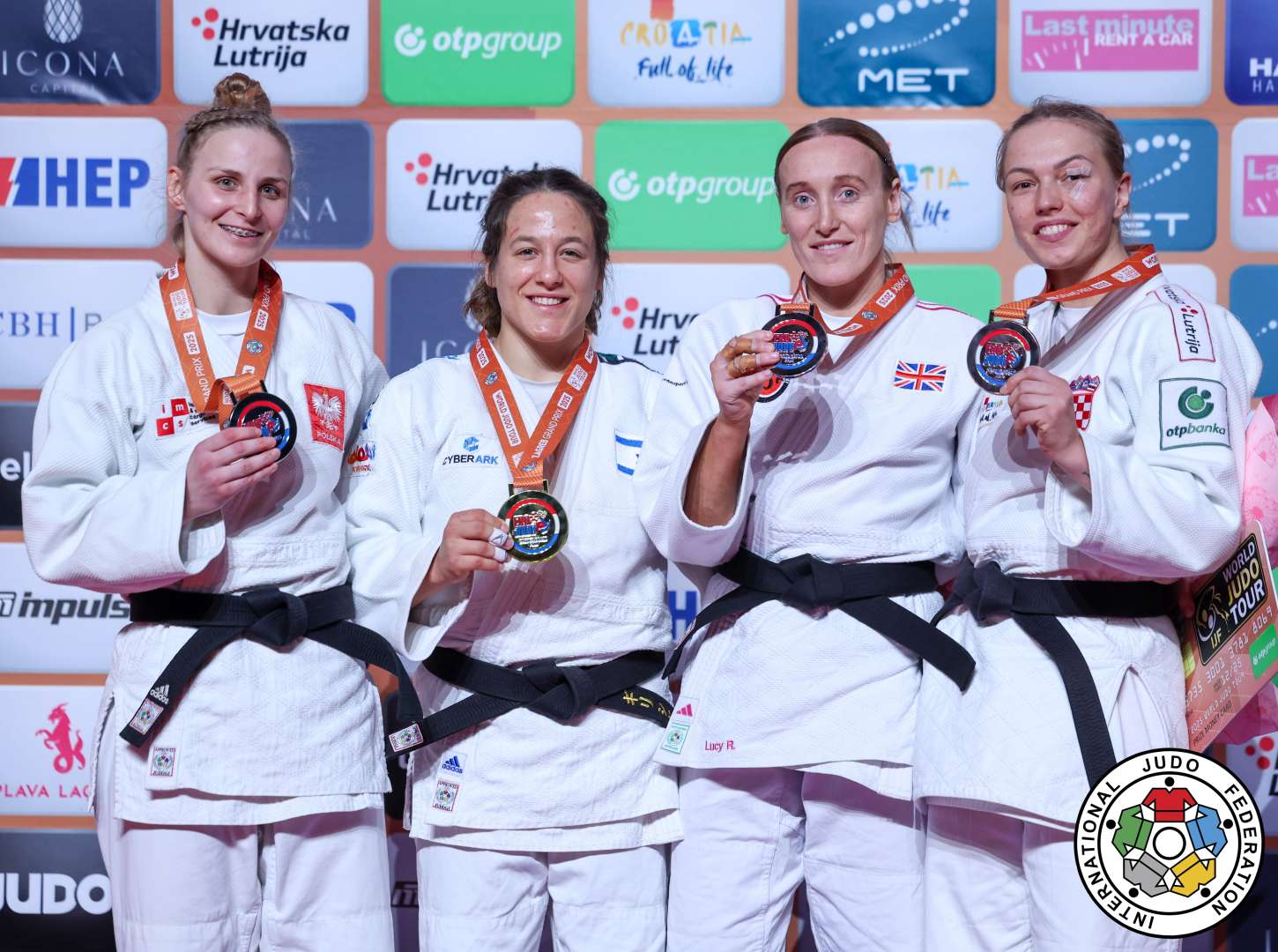 -63kg Medalists. From left, SZYMANSKA, Angelika, SHARIR, Gili, RENSHALL, Lucy, OBERAN, Iva.