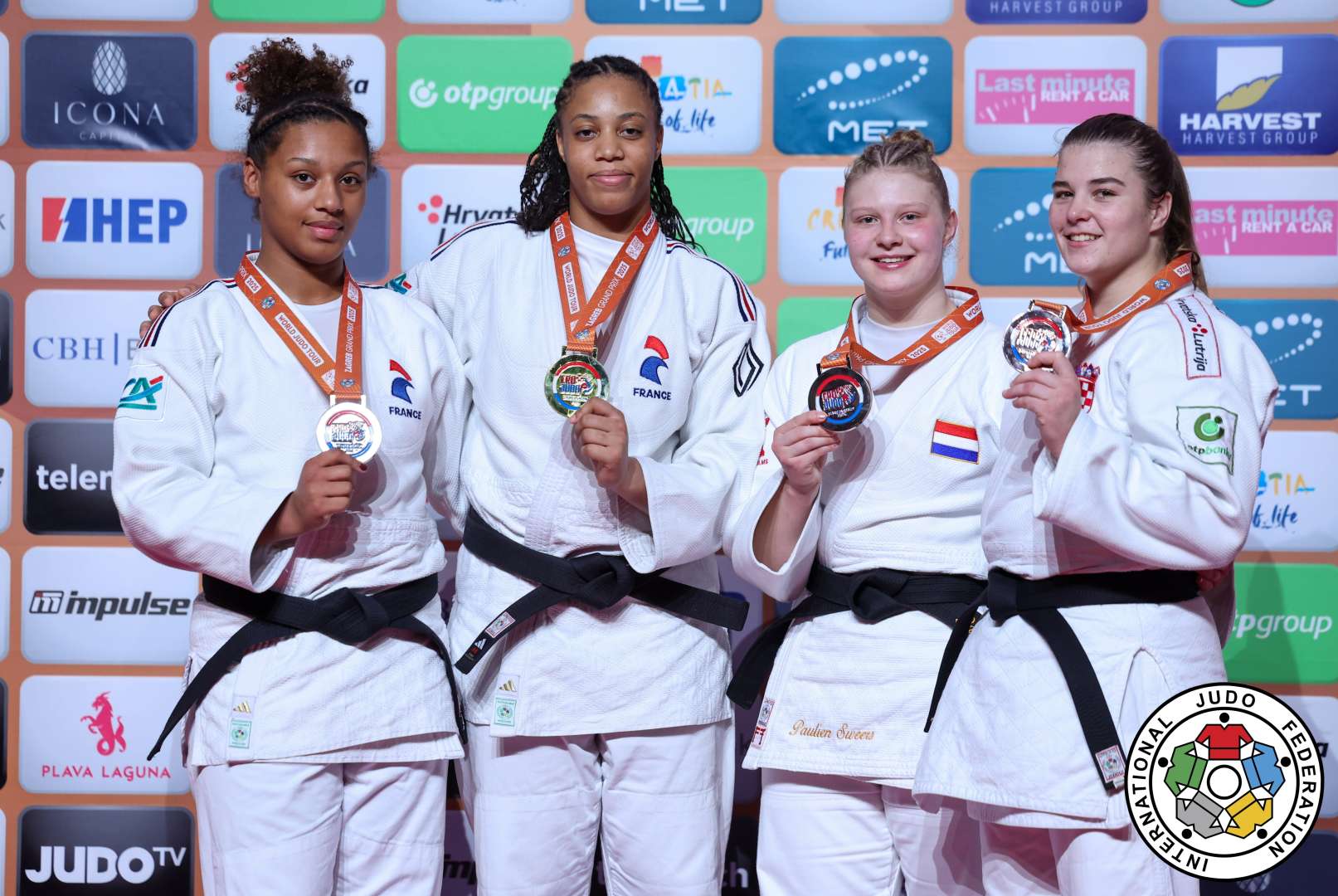 +78kg Medalists. From left, MINKADA-CAQUINEAU, Leonie, CANCAN, Celia, SWEERS, Paulien, VUKOVIC, Helena.