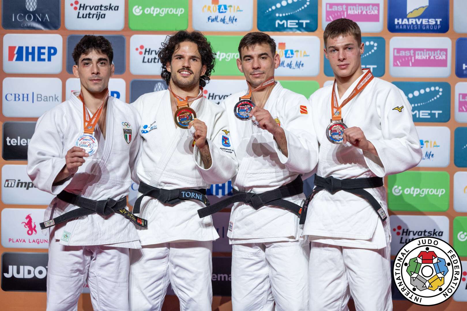 -66kg Medalists. From left, MANZI, Elios, GARCIA TORNE, David, PONGRACZ, Bence, YOTOV, Boyan.