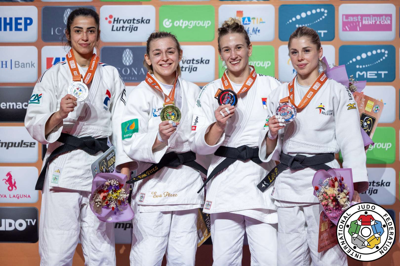 -48kg Medalists. From left, ESPADINHA, Laura, PEREZ SOLER, Eva, STOJADINOV, Andrea, PETIT, Lois.