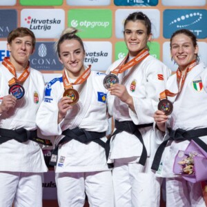 -52kg Medalists. From left, PUPP, Reka, KRASNIQI, Distria, GYERTYAS, Roza, STELLA, Gaia.