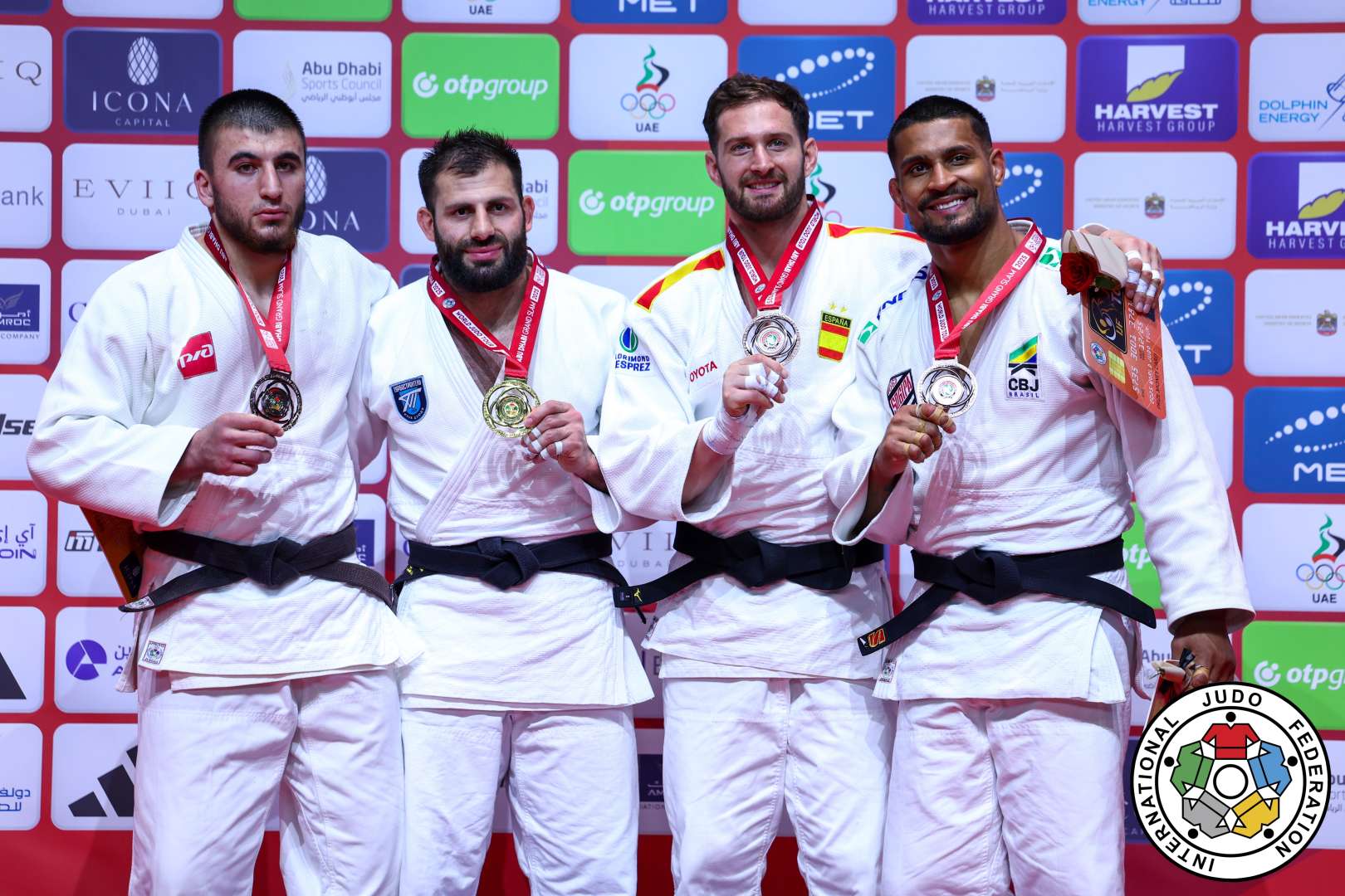 -100kg Medalists. From left, BIFOV, Idar, ADAMIAN, Arman, SHERAZADISHVILI, Nikoloz, GONCALVES, Leonardo.