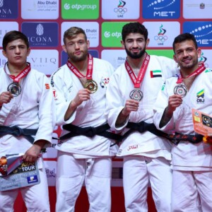 -73kg Medalists. From left, ASADULLOEV, Muhiddin, STUMP, Nils, MAKHMADBEKOV, Makhmadbek, CARGNIN, Daniel.