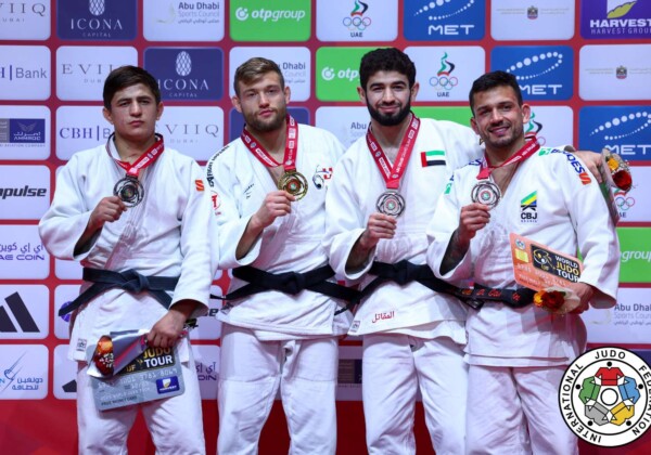 -73kg Medalists. From left, ASADULLOEV, Muhiddin, STUMP, Nils, MAKHMADBEKOV, Makhmadbek, CARGNIN, Daniel.