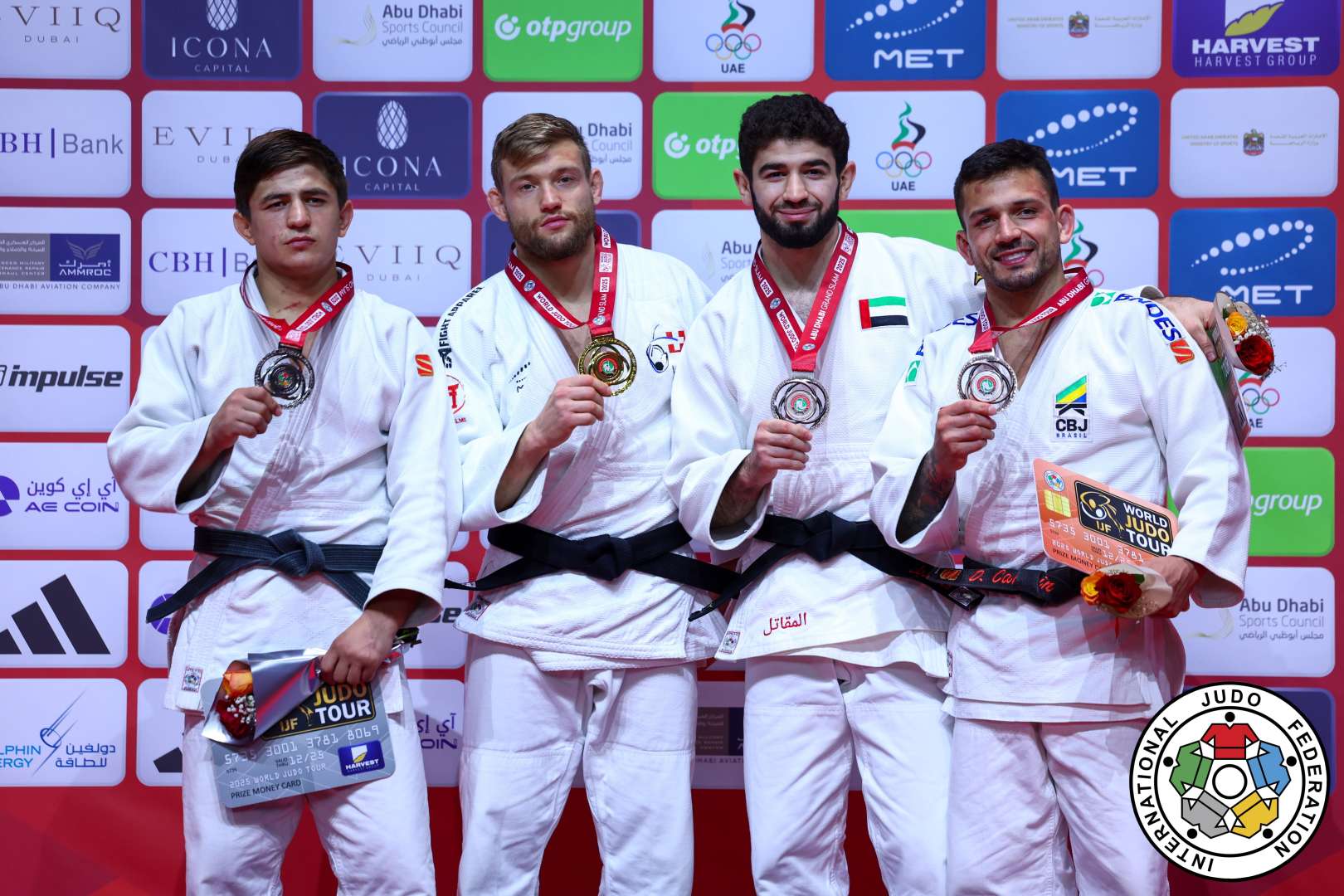 -73kg Medalists. From left, ASADULLOEV, Muhiddin, STUMP, Nils, MAKHMADBEKOV, Makhmadbek, CARGNIN, Daniel.