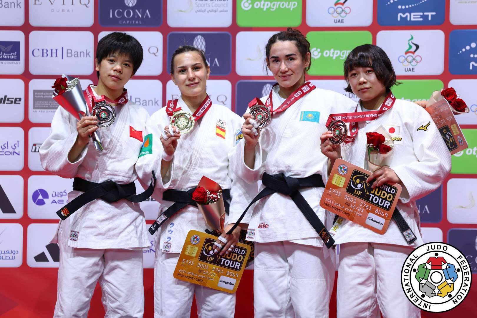 -48kg Medalists. From left, HUI, Xinran, MARTINEZ ABELENDA, Laura, ABUZHAKYNOVA, Abiba, MORI, Yua.