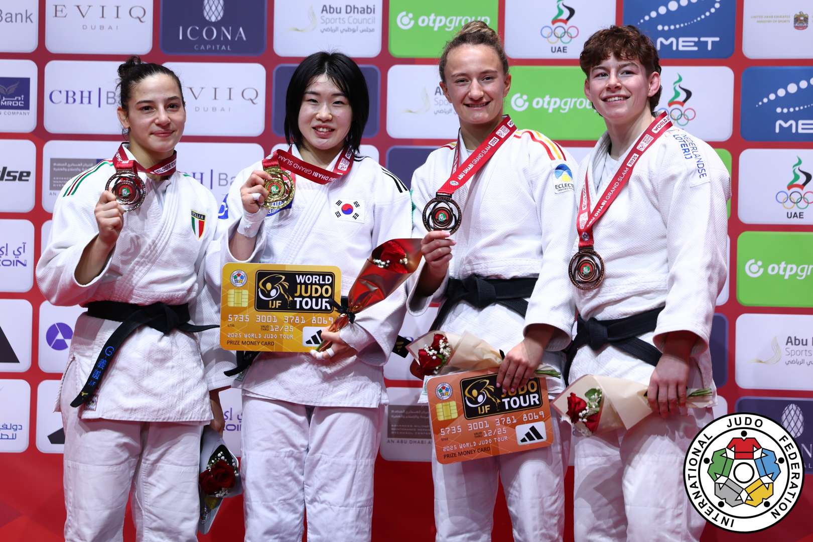 -57kg Medalists. From left, CARNA, Giulia, HUH, Mimi, GARCIA MARTIN, Marta, BEURSKENS, Julie.