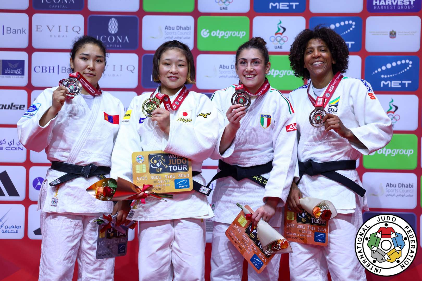 -63kg Medalists. From left, LKHAGVATOGOO, Enkhriilen, DANNO, Megu, AVANZATO, Carlotta, SILVA, Rafaela.