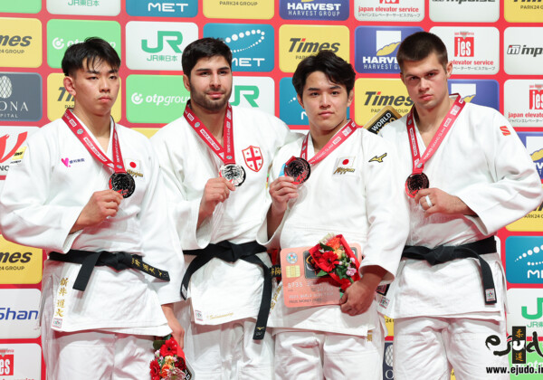 -100kg Medalists. From left, ARAI, Dota, SULAMANIDZE, Ilia, MASUCHI, Ryotaro, KANIKOVSKIY, Matvey.