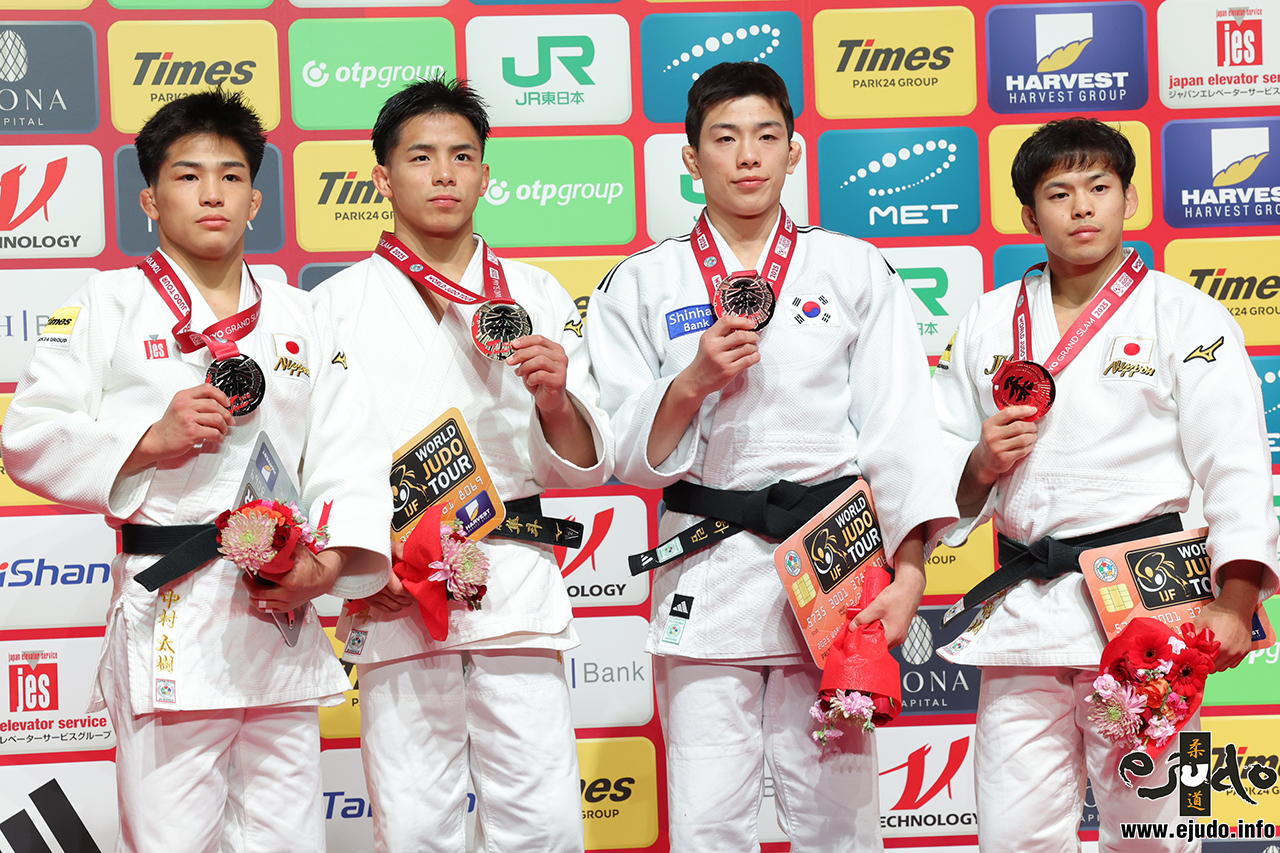 -60kg Medalists. From left, NAKAMURA, Taiki, KONDO, Hayato, LEE, Harim, NAGAYAMA, Ryuju.