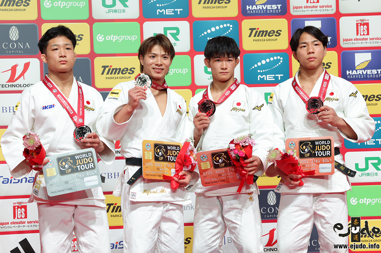 -66kg Medalists. From left, KENTOKU, Kairi, ABE, Hifumi, HATTORI, Shinsei, TAKEOKA, Takeshi.