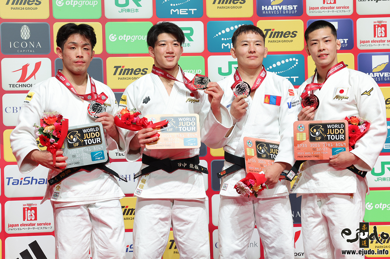 -73kg Medalists. From left, KIHARA, Keito, TANAKA, Ryuga, ODGEREL, Uranbayar, UCHIMURA, Shusuke.