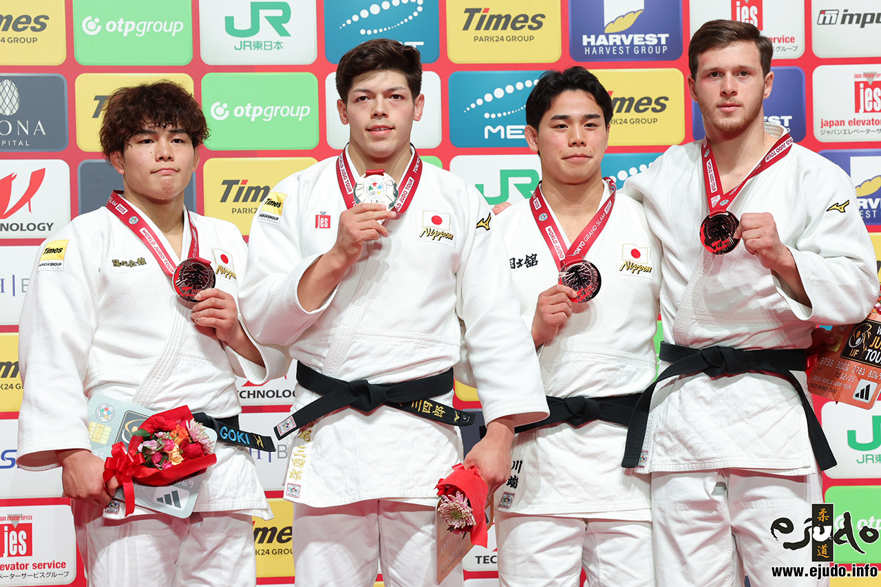 -90kg Medalists. From left, TAJIMA, GOKI, MURAO, Sanshiro, KAWABATA, Komei, JABNIASHVILI, Giorgi.