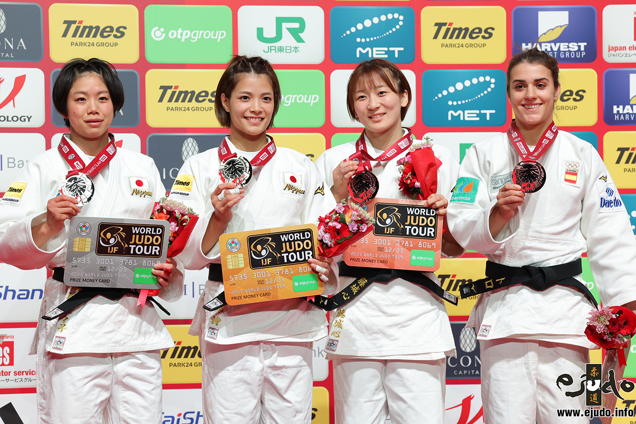 -52kg Medalists. From left, TSUBONE, Nanako, ABE, Uta, FUJISHIRO, Kokoro, TORO SOLER, Ariane.