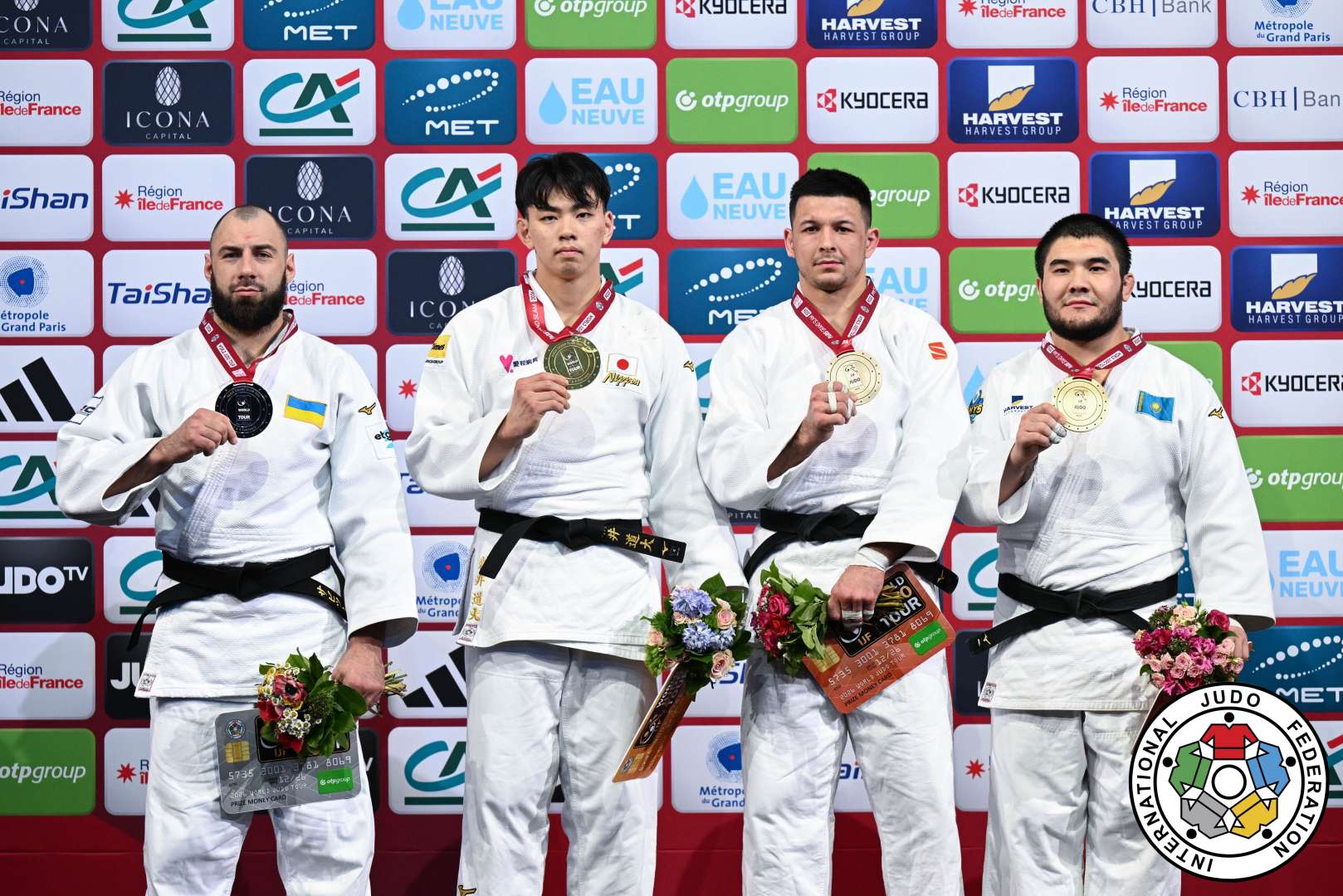 -100kg Medalists. From left, SAVYTSKIY, Anton, ARAI, Dota, BILALOV, Niiaz, SHARKHAN, Nurlykhan.