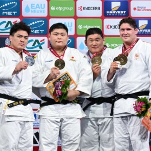 +100kg Medalists. From left, OTA, Hyoga, NAKANO, Kanta, KIM, Minjong, SPIJKERS, Jur.