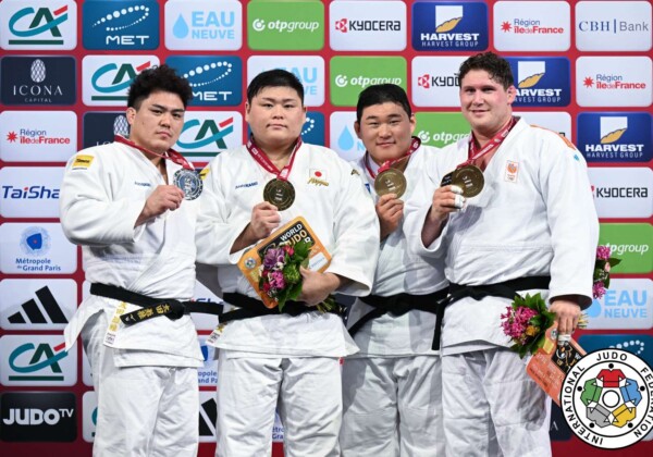 +100kg Medalists. From left, OTA, Hyoga, NAKANO, Kanta, KIM, Minjong, SPIJKERS, Jur.