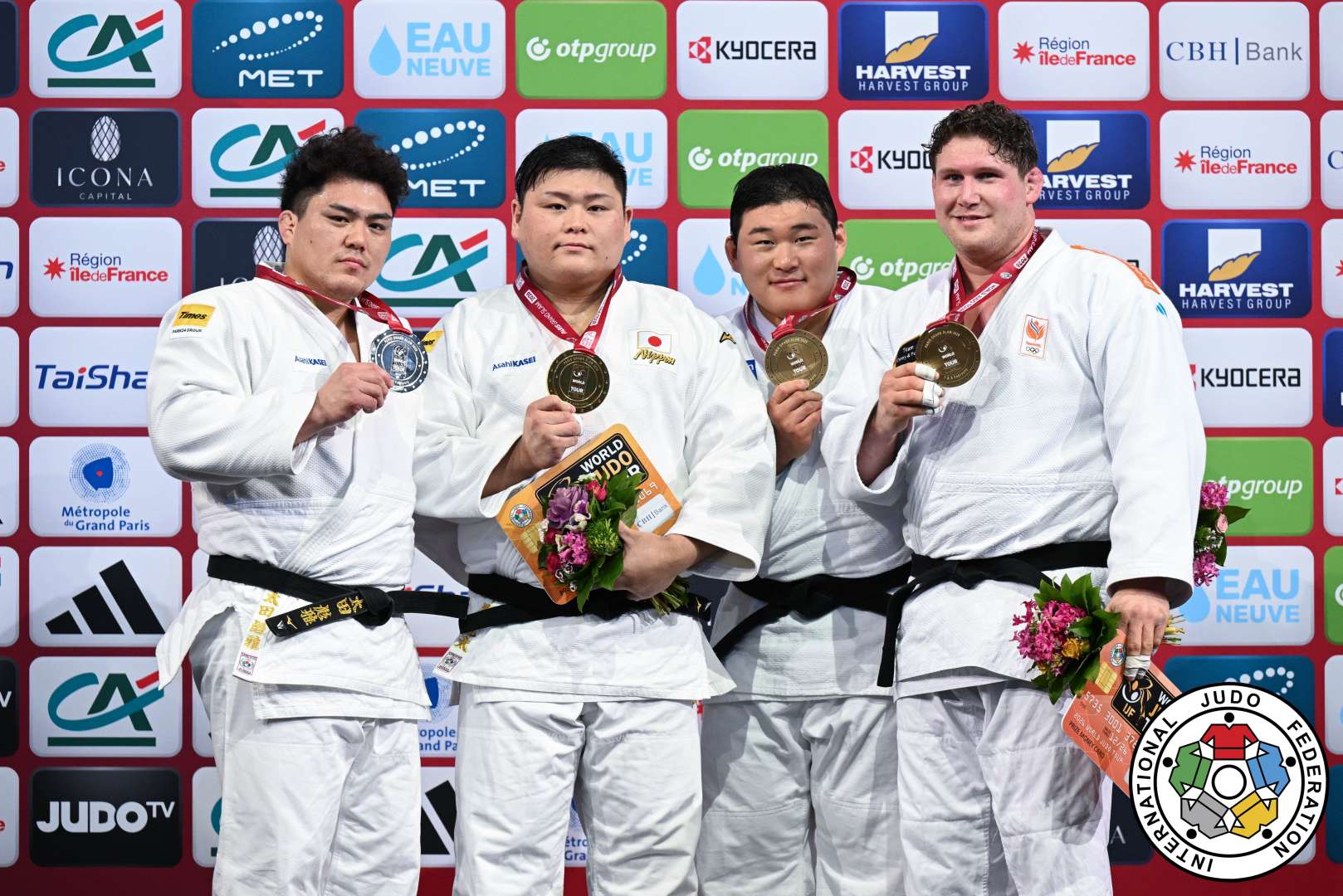 +100kg Medalists. From left, OTA, Hyoga, NAKANO, Kanta, KIM, Minjong, SPIJKERS, Jur.