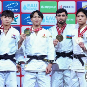 -66kg Medalists. From left, KIM, Channyeong, TAKEOKA, Takeshi, PASHAYEV, Ruslan, KENTOKU, Kairi.