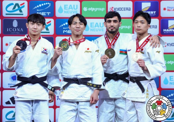 -66kg Medalists. From left, KIM, Channyeong, TAKEOKA, Takeshi, PASHAYEV, Ruslan, KENTOKU, Kairi.