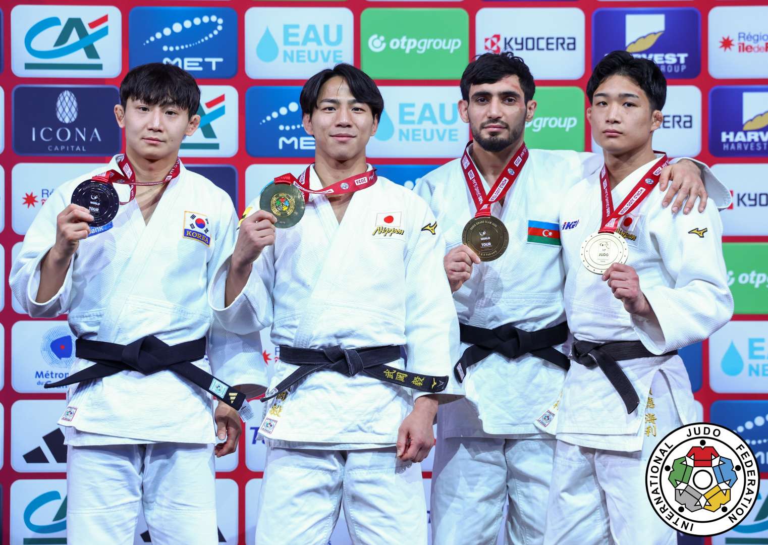 -66kg Medalists. From left, KIM, Channyeong, TAKEOKA, Takeshi, PASHAYEV, Ruslan, KENTOKU, Kairi.