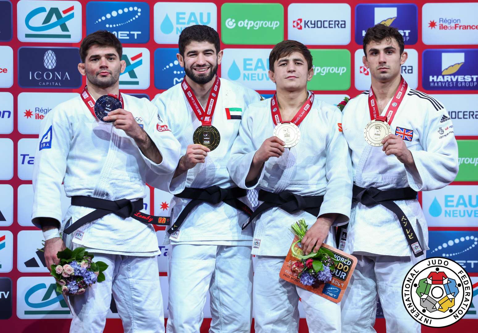 -73kg Medalists. From left, LOMBARDO, Manuel, MAKHMADBEKOV, Makhmadbek, ASADULLOEV, Muhiddin, LEVY, Benjamin.