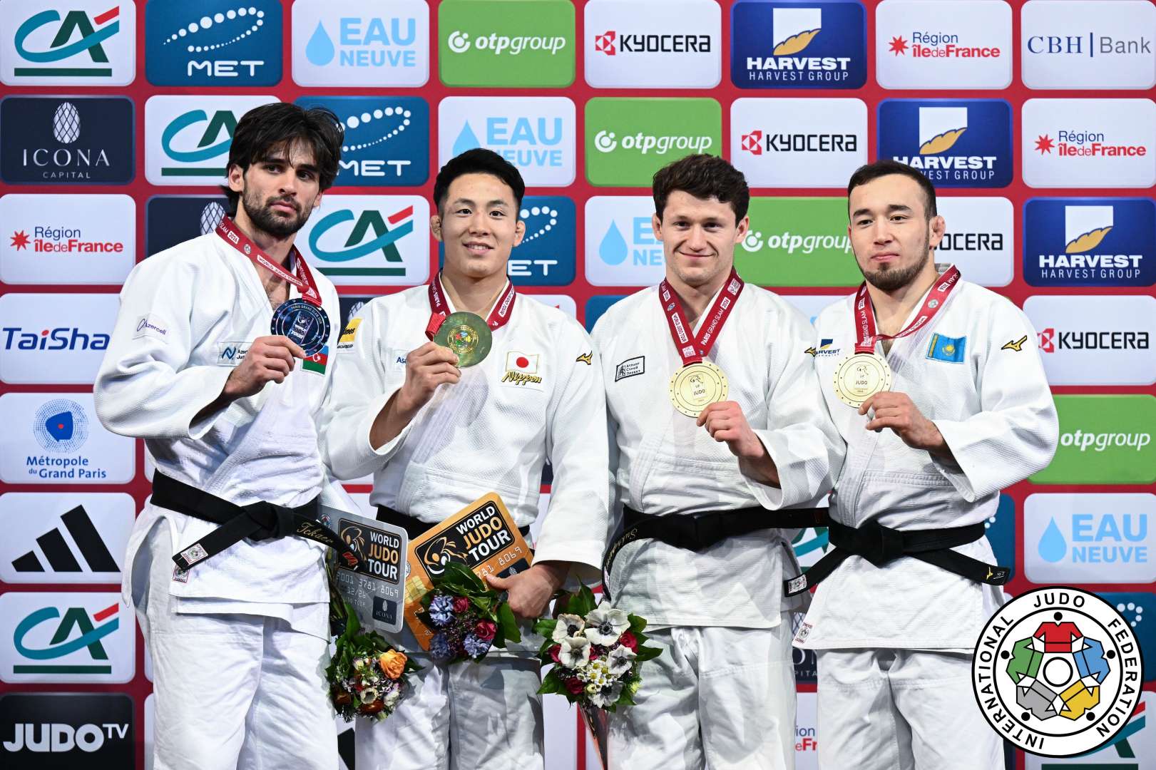 -81kg Medalists. From left, TCKAEV, Zelim, OINO, Yuhei, SUKHOPAROV, Egor, ZHUBANAZAR, Abylaikhan.
