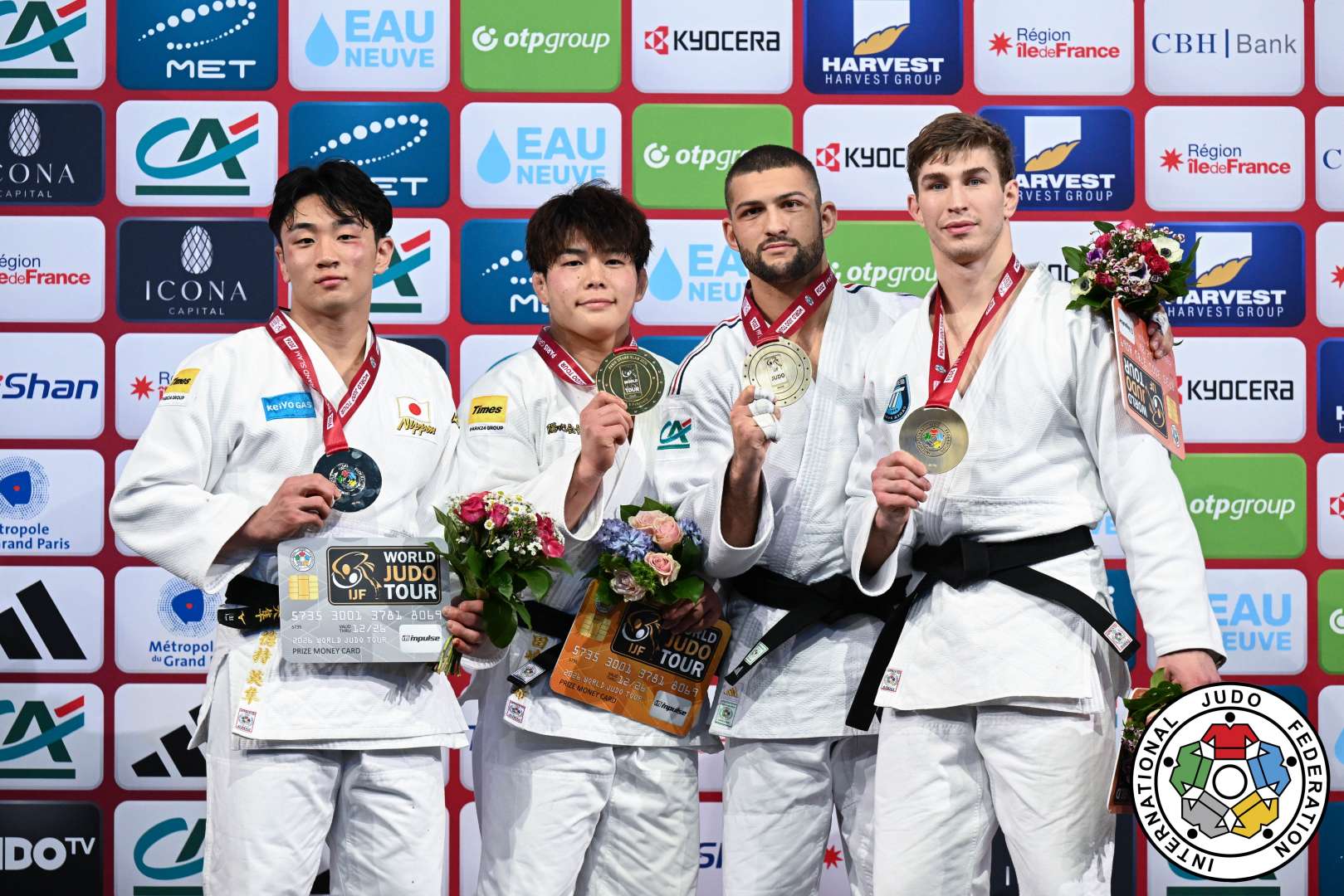 -90kg Medalists. From left, TOKUMOCHI, Hidetoshi, TAJIMA, GOKI, MATHIEU, Alexis, ANDONI, Egor.